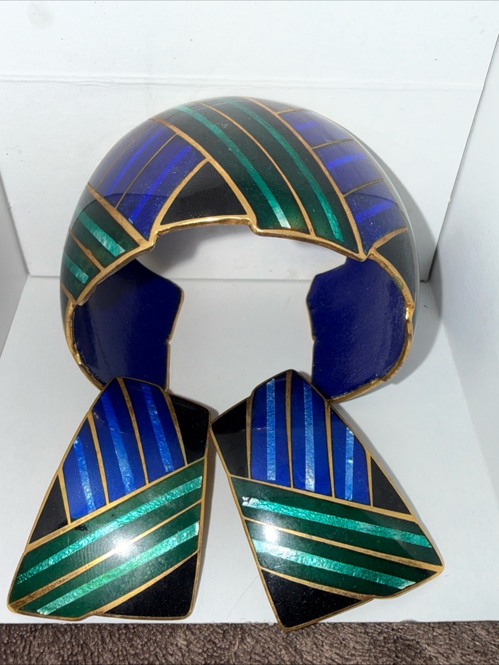 Champleve David Kuo design Enamel Cuff Bracelet Earring set Vintage elegant